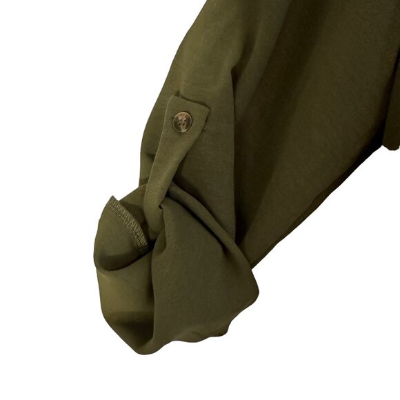 Lola Blooms Boutique Olive Green Long Roll Up Sleeve Button-Up Blouse SZ Large - Picture 4 of 11